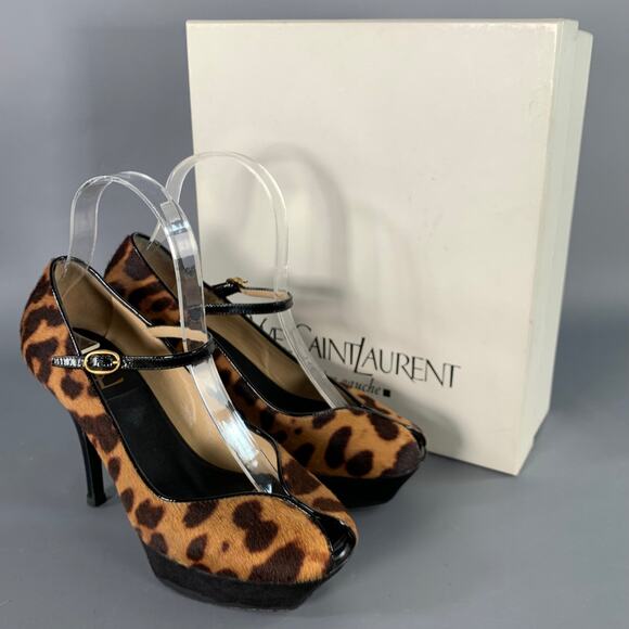 YVES SAINT LAURENT 6 Tribute Brown Black Calf Hair Animal Print Platform Sandals - Picture 7 of 8